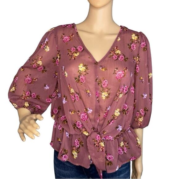 Lily White Floral 3/4 Sleeve Front Knot Blouse Wine With Yellow Pink Flowers Lrg - Picture 1 of 11